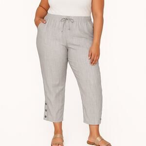 Royalty For Me Grey Cross Dye Linen Blend Pull-On Pants 2X Cropped Button Hem